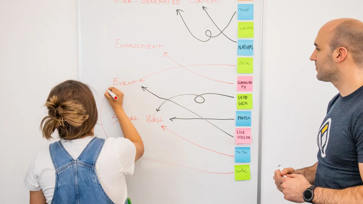 Answer-engine optimization strategy and governance — The Complete Guide two people mapping content categories and user paths on a whiteboard