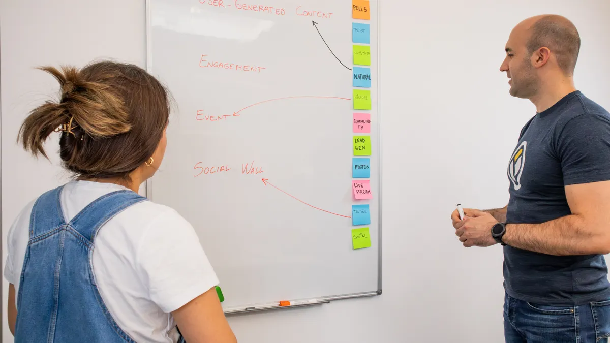 Answer-engine optimization strategy and governance — The Complete Guide team reviewing a strategy diagram on a whiteboard with sticky notes