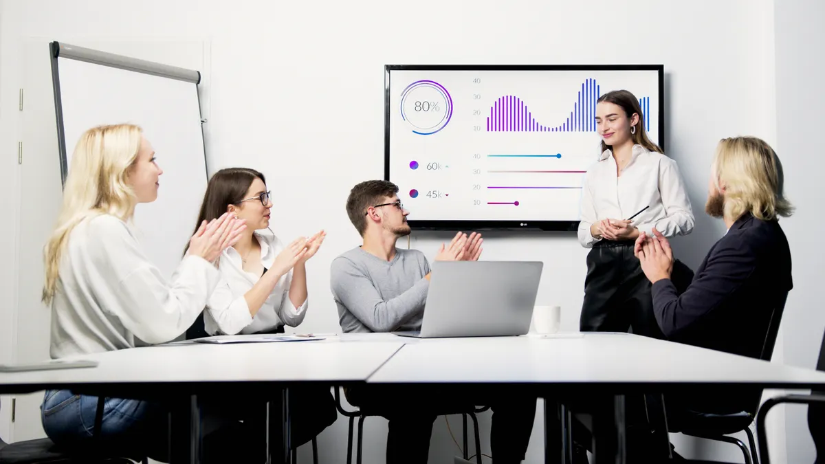 presentation screen with analytics charts in a meeting
